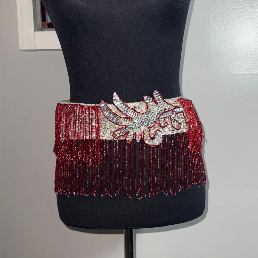 Vintage Beaded Burlesque Fringe Belt | Showgirl Stage Costume | Red & Silver